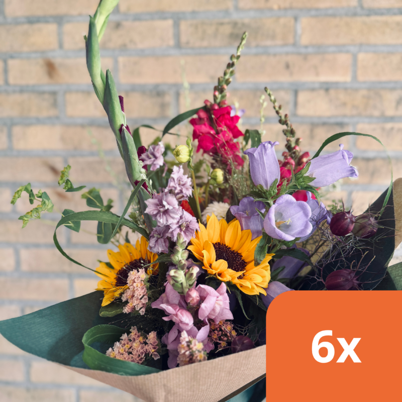 Zomers boeket met zonnebloemen, leeuwenbekken en veldbloemen.